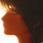  1girl :| backlighting brown_eyes brown_hair close-up closed_mouth commentary expressionless eyelashes film_grain from_side haibane_renmei hair_between_eyes highres looking_ahead nose profile rakka_(haibane_renmei) ranm12s solo 
