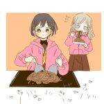  2girls black_hair bloom_garden_party_jacket blue_eyes blush brown_dress ceras_yanagida_lilienfeld chopsticks commentary cooking dress eating edel_note grey_hair hair_ribbon hasu_no_sora_school_uniform holding holding_chopsticks holding_spatula hood hood_down hooded_jacket jacket jitome kase_(ks_lys) katsuragi_izumi long_hair long_sleeves love_live! love_live!_hasu_no_sora_jogakuin_school_idol_club love_live!_hasu_no_sora_jogakuin_school_idol_club_bloom_garden_party multiple_girls neckerchief open_clothes open_jacket orange_eyes pink_jacket pink_ribbon pleated_dress ribbon sailor_collar sailor_dress school_uniform shout_lines slit_pupils spatula virtual_youtuber white_sailor_collar winter_uniform yakisoba yellow_neckerchief 