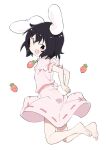  1girl :d animal_ears ass barefoot black_hair carrot carrot_necklace dress feet full_body happy highres inaba_tewi jewelry jumping kt_kkz looking_back necklace open_mouth pink_dress rabbit_ears rabbit_girl rabbit_tail short_hair simple_background smile soles solo tail toes touhou white_background 