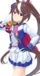  1girl absurdres animal_ears ascot asymmetrical_gloves black_gloves blue_eyes blush brown_hair buttons cape career_inada commentary_request double-breasted ear_ribbon epaulettes gloves hair_between_eyes hand_on_own_hip highres horse_ears horse_girl horse_tail jacket long_hair long_sleeves mismatched_gloves multicolored_hair multicolored_jacket open_mouth pink_ascot ponytail red_cape simple_background single_epaulette single_hair_streak skirt smile solo streaked_hair tail tokai_teio_(peak_joy)_(umamusume) tokai_teio_(umamusume) two-tone_hair two-tone_jacket two-tone_skirt umamusume v white_gloves white_hair white_jacket white_skirt white_streaks 