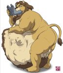 abdominal_bulge anthro balls beard belly big_belly brown_hair butt duo facial_hair felid fur genitals gontadanuki grey_body grey_fur hair hi_res lion male mammal mature_male moobs oral_vore overweight overweight_male pantherine penis same_size_vore vore yellow_body yellow_fur 