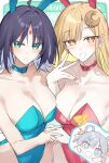  3girls @_@ ahoge akitaka_akita animal_ears aqua_choker aqua_leotard aqua_nails bare_shoulders black_hair blonde_hair blush breast_press breasts cho_kaguya-hime! choker cleavage collarbone colored_inner_hair commentary_request dot_nose fake_animal_ears forehead_jewel gem green_eyes grey_hair hair_ornament hair_rings hair_stick hand_up highleg highleg_leotard highres interlocked_fingers kaguya_(cho_kaguya-hime!) large_breasts leotard long_hair looking_at_viewer multicolored_hair multiple_girls nail_polish open_mouth orange_eyes pink_nails playboy_bunny purple_hair rabbit_ears red_choker red_gem red_leotard runami_yachiyo sakayori_iroha short_hair side-by-side sidelocks smile spoken_character strapless strapless_leotard symmetrical_docking tearing_up upper_body 
