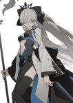  1girl absurdres black_bow blue_eyes bow breasts cleavage clothing_cutout dress fate/grand_order fate_(series) feet_out_of_frame grey_hair hair_bow highres holding holding_staff large_breasts long_hair long_sleeves looking_at_viewer morgan_le_fay_(fate) navel ponytail sidelocks simple_background solo staff stomach_cutout tattoo thighhighs very_long_hair white_background zhibuji_loom 
