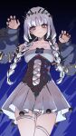  1girl absurdres bare_shoulders blush braid breasts dress fate/grand_order fate_(series) francesca_prelati_(fate) francesca_prelati_(third_ascension)_(fate) head_spikes highres long_hair looking_at_viewer marumai medium_breasts red_eyes ringed_eyes smile solo stomach_mouth twin_braids white_hair 