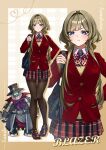  1girl alternate_costume bag black_pantyhose blazer blue_eyes bow bowtie brown_hair brown_shoes brown_sweater collared_shirt commentary_request genshin_impact highres jacket loafers long_sleeves mochooo_oo pantyhose plaid_bow plaid_bowtie plaid_clothes plaid_skirt pleated_skirt pulonia_(genshin_impact) red_bow red_bowtie red_jacket red_skirt red_sleeves robot sandrone_(genshin_impact) school_bag school_uniform shirt shoes short_hair_with_long_locks skirt sweater white_shirt zoom_layer 