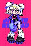  absurdres baggy_clothes belt black_belt black_shoes blue_eyes blue_jacket blue_shoes chain chain_necklace commentary_request deformed hair_ornament hairpin highres jacket jersey jewelry jitome leg_warmers mugi_com2 multicolored_eyes necklace necktie oversized_clothes oversized_shoes piercing pink_background pink_eyes pink_jacket pink_necktie shoes shorts sleeves_past_wrists thick_lineart twintails white_hair 