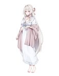  1girl alternate_costume artist_name barefoot breasts cleavage closed_mouth commentary dress full_body hair_intakes hair_ribbon highres hiyuki_(wuthering_waves) jewelry kwang_xo large_breasts long_hair nail_polish necklace red_eyes red_nails red_ribbon ribbon simple_background solo standing toenail_polish toenails untranslatable_commentary white_background white_dress wuthering_waves 