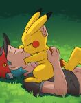 absurd_res baseball_cap bestiality body_hair clothing duo erection feral fur generation_1_pokemon genitals grass hair hand_on_head hat headgear headwear hi_res human human_on_feral interspecies kissing koboldklaws lying male male/male mammal navel nintendo penis pikachu plant pokemon pokemon_(species) pokephilia size_difference tail teal_hair yellow_body yellow_fur