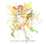  1girl bare_shoulders blonde_hair blush breasts butterfly_wings commentary_request dress fairy fairy_wings fighting_stance fire_emblem fire_emblem_heroes flower full_body gloves hair_between_eyes hair_ornament insect_wings medium_breasts miyako_(xxxbibit) multicolored_hair official_alternate_costume official_art open_mouth peony_(fire_emblem) peony_(interwoven_dream)_(fire_emblem) pointy_ears purple_eyes shoes sidelocks simple_background smile solo sparkle staff standing standing_on_one_leg teeth upper_teeth_only white_background white_dress white_gloves white_shoes wings 