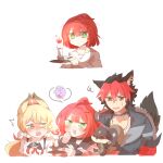  1boy 2girls ^^^ alice_thymefield animal_ears bags_under_eyes black_hair black_sailor_collar blonde_hair candle character_name collarbone commentary_request ear_piercing fire ghost green_eyes grey_jacket heterochromia holding jacket komano_manato long_sleeves multicolored_hair multiple_girls patchwork_clothes piercing pink_shirt puffy_long_sleeves puffy_sleeves rebecca_(keinelove) red_eyes red_hair sailor_collar school_uniform serafuku shirt simple_background sleeves_past_wrists squiggle two-tone_hair ukinami_yuzuha white_background yellow_eyes zenless_zone_zero 