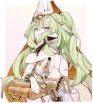  1girl absurdres arm_support bandaged_arm bandages bracer breasts bridal_gauntlets closed_mouth dress egyptian_clothes error1980 green_hair grey_eyes hair_between_eyes highres honkai_(series) honkai_impact_3rd leaning_forward long_hair looking_at_viewer medium_breasts mobius_(honkai_impact) mobius_(scorching_gravel)_(honkai_impact) slit_pupils solo tongue tongue_out white_dress 