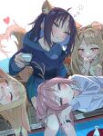  4girls absurdres ahoge animal_ears antlers ayatsumugi_roka black_hair blonde_hair blue_eyes blue_hair blue_hoodie blue_kimono blush bread brown_eyes brown_hair cho_kaguya-hime! commentary_request cup drooling drunk food fox_ears fox_girl fox_tail green_eyes heart heart_tail highres holding holding_cup hood hood_down hoodie horns isayama_mami jacket japanese_clothes kaguya_(cho_kaguya-hime!) kimono lap_pillow long_hair melon_bread mouth_drool multiple_girls nail_polish open_mouth pink_hair rabbit_ears rabbit_girl simple_background single_off_shoulder tail tensann3 white_background white_jacket 