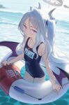  1girl absurdres ahoge artist_name benpao_de_ruoji black_halo blue_archive blue_one-piece_swimsuit commentary demon_girl demon_horns demon_wings flat_chest hair_ornament hairclip halo highres hina_(blue_archive) hina_(swimsuit)_(blue_archive) horns innertube long_hair looking_at_viewer low_wings multiple_horns name_tag ocean official_alternate_costume one-piece_swimsuit one_side_up outdoors parallel_hairclips parted_bangs purple_eyes purple_wings school_swimsuit solo swim_ring swimsuit very_long_hair wading whistle whistle_around_neck white_hair wings 