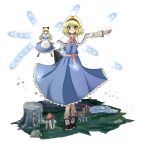  1girl alice_margatroid black_shoes blonde_hair blue_dress blue_eyes book break~ capelet chinese_commentary closed_mouth commentary_request danmaku doll dress falling_petals full_body grimoire grimoire_of_alice hairband highres holding holding_book long_sleeves looking_at_viewer medium_hair mushroom outdoors petals pink_petals pink_sash puddle red_hairband sash shanghai_doll shoes socks solo touhou tree_stump waist_sash water white_capelet white_socks 