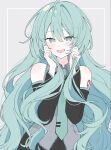  1girl :d antenna_hair aqua_eyes aqua_hair aqua_nails aqua_necktie aqua_trim bare_shoulders black_skirt black_sleeves blush breasts collared_shirt commentary detached_sleeves dot_nose double-parted_bangs grey_background grey_shirt hair_between_eyes hair_down hands_on_own_face hatsune_miku highres holding_own_hair long_hair long_sidelocks looking_at_viewer necktie no_pupils number_tattoo open_mouth pleated_skirt raised_eyebrows shirt shoulder_blush shoulder_tattoo sidelocks simple_background skirt sleeveless sleeveless_shirt small_breasts smile solo tattoo tie_clip tori_(tori_nankotsu96) upper_body very_long_hair very_long_sidelocks vocaloid wavy_hair 