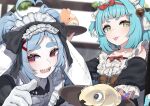  2girls absurdres ahoge animal_ears bell blue_hair bow detached_sleeves gloves green_eyes hair_bell hair_ornament hairband hairclip heart heart_ahoge highres holding indie_virtual_youtuber krumroll long_hair looking_at_viewer maid maid_headdress multiple_girls open_mouth para_(vtuber) red_eyes sharp_teeth smile teeth tongue tongue_out twintails valefal_coneri white_gloves 