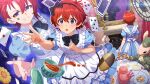  1boy 2girls alice_(alice_in_wonderland) alice_(alice_in_wonderland)_(cosplay) black_bow black_bowtie black_hairband blue_dress blue_eyes bow bowtie card card_commentary commentary_request cookie cosplay cup diamond_(shape) diamond_facial_mark dress dual_persona facial_mark food furry furry_male game_asset grin hair_bow hairband idolmaster idolmaster_million_live! idolmaster_million_live!_theater_days julia_(idolmaster) looking_at_mirror mirror multiple_girls official_art playing_card puffy_short_sleeves puffy_sleeves rabbit_boy red_hair short_hair short_sleeves smile standing table teacup third-party_source 