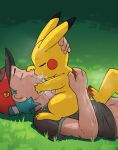 absurd_res baseball_cap bestiality bodily_fluids body_hair clothing cum cum_kiss cum_on_face cum_string duo erection feral fur generation_1_pokemon genital_fluids genitals grass hair hand_on_head hat headgear headwear hi_res human human_on_feral interspecies kissing koboldklaws lying male male/male mammal navel nintendo penis pikachu plant pokemon pokemon_(species) pokephilia size_difference sweat tail teal_hair yellow_body yellow_fur