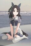 1girl absurdres animal_ears arms_between_legs beach bow brown_eyes commentary_request ear_covers green_bow grey_sky hair_between_eyes hair_bow highres horse horse_ears horse_tail horseshoe_ornament king_halo_(umamusume) kneeling long_hair looking_at_viewer no_shoes one_side_up outdoors parted_bangs parted_lips pleated_skirt purple_shirt sailor_collar school_uniform shirt shore short_sleeves sidelocks skirt sky solo summer_uniform tail tbf_(torigoya) thighhighs tracen_school_uniform umamusume white_sailor_collar white_skirt white_thighhighs 