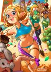  2boys alternate_costume beard blonde_hair blue_panties breasts chasing crop_top crossdressing facial_hair food fruit ganondorf gerudo gerudo_set_(zelda) grey_hair highres laughing link multiple_boys no_bra official_alternate_costume panties paya_(zelda) pointy_ears princess_zelda red_hair running rupee see-through sheikah_slate short_hair smile snegovski the_legend_of_zelda the_legend_of_zelda:_breath_of_the_wild the_legend_of_zelda:_tears_of_the_kingdom thigh_gap underboob underwear wardrobe_malfunction watermelon 