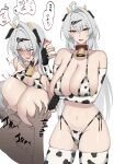  1boy 1girl ahoge animal_print bell bikini bottle breasts commentary_request cow_horns cow_print cow_print_bikini cow_print_gloves cow_print_thighhighs cowbell fake_horns fingerless_gloves gloves grabbing_another's_breast groping hetero highres holding holding_bottle horns huge_breasts long_hair midriff milk_bottle nagomu_7_56 navel print_bikini print_gloves print_thighhighs single_hair_intake speech_bubble swimsuit thighhighs thighs translation_request very_long_hair white_hair wise_(zenless_zone_zero) yellow_eyes yixuan_(zenless_zone_zero) zenless_zone_zero 
