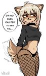anthro canid canine canis clothing collar crop_top dogfailureowo domestic_dog english_text female fishnet_clothing fishnet_legwear flat_chested hana_(dogfailureowo) hi_res legwear mammal panties shirt solo speech_bubble tail tail_motion tailwag text topwear tsundere underwear