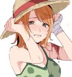  1girl bandaged_hand bandages bare_shoulders blood blush chiya_op hat holding holding_clothes holding_hat injury looking_at_viewer nami_(one_piece) one_piece orange_eyes orange_hair short_hair solo straw_hat teardrop tears upper_body white_background 
