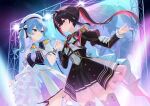  2girls absurdres azki_(hololive) azki_(prima_diva)_(hololive) beret black_bow black_bowtie black_hair black_jacket black_skirt black_thighhighs blue_eyes blue_hair bow bowtie braid brooch center_frills colored_inner_hair commentary concert corset cup detached_sleeves double-parted_bangs english_commentary epaulettes fingerless_gloves frills gloves gradient_necktie hair_between_eyes hair_bun hair_intakes hair_ornament hairclip half_up_half_down_braid hat highres holding holding_cup hololive hoshimachi_suisei hoshimachi_suisei_(supernova) idol idol_clothes interlocked_fingers jacket jewelry juliet_sleeves long_hair long_sleeves looking_at_another miniskirt multicolored_hair multiple_girls necktie official_alternate_costume pink_hair pink_streaks pleated_skirt ponytail puffy_detached_sleeves puffy_sleeves purple_eyes shirt short_necktie side_cape side_ponytail side_up_bun sidelocks skirt star_(symbol) star_brooch star_in_eye streaked_hair symbol_in_eye telu_(teluscarlet) thighhighs underbust very_long_hair virtual_youtuber white_gloves white_hat white_shirt white_skirt white_streaks 