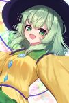  1girl :d absurdres black_hat blush breasts buttons collared_shirt commentary diamond_button disembodied_linked_eye eyeball frilled_shirt_collar frilled_sleeves frills green_eyes green_hair green_skirt hat highres komeiji_koishi long_hair long_sleeves looking_at_viewer medium_breasts open_mouth pico_kimuchi shirt skirt smile solo touhou wide_sleeves yellow_shirt 