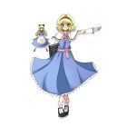  1girl alice_margatroid black_shoes blonde_hair blue_dress blue_eyes book break~ capelet chinese_commentary closed_mouth commentary_request doll dress full_body grimoire grimoire_of_alice hairband highres holding holding_book long_sleeves looking_at_viewer medium_hair pink_sash red_hairband sash shanghai_doll shoes socks solo touhou waist_sash white_capelet white_socks 