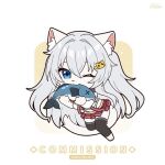  animal_ear_fluff animal_ears animal_nose black_thighhighs blue_eyes cat_ears cat_girl cat_hair_ornament cat_tail chibi commentary commission english_commentary fang fish fish_in_mouth furry furry_female grey_hair hair_between_eyes hair_ornament lucifer_(white_cat) mo_(k40633) one_eye_closed original pleated_skirt red_shirt shirt skin_fang skirt tail thighhighs twitter_username two-tone_background white_background white_fur white_shirt yellow_background 