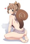  1girl animal_ears ayunda_risu back backless_outfit bangs bare_shoulders barefoot breasts brown_hair brown_scrunchie closed_mouth green_eyes highres hololive hololive_indonesia looking_at_viewer medium_breasts meme_attire naked_sweater nonstop_nut_november ponytail scrunchie seiza sitting solo squirrel_ears squirrel_girl squirrel_tail sweater tail virgin_killer_sweater virtual_youtuber yuyu5x 