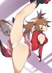  1girl ankle_boots ass bangs bare_shoulders boots breasts brown_eyes brown_hair china_dress chinese_clothes commentary_request dress flexible guilty_gear guilty_gear_xrd hair_ornament highres kuma_(jk0073) kuradoberi_jam long_hair looking_at_viewer looking_back medium_breasts panties parted_lips pelvic_curtain pink_skirt shiny shiny_hair simple_background skirt sleeveless smile solo underwear white_panties 