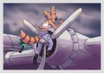 aircraft airplane anthro bottomwear clothed clothing digital_media_(artwork) female footwear hi_res holding_object holding_tool jolyn_foxxo lombax mammal overalls ratchet_and_clank shirt shoes sitting solo sony_corporation sony_interactive_entertainment tail tank_top toolbox tools topwear vehicle