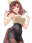  1girl animal_ears armpit_crease bare_arms black_pantyhose black_skirt blush braid breasts brown_hair brown_tail buena_vista_(umamusume) checkered_hairband commentary_request ear_covers hair_ribbon hairband hands_up high-waist_skirt highres horse_ears horse_girl horse_tail katsushika_yuki large_breasts looking_at_viewer medium_hair multicolored_hair open_mouth pantyhose pencil_skirt purple_eyes ribbon ribbon_in_braid side_braids simple_background skirt sleeveless sleeveless_sweater smile solo streaked_hair sweater tail tail_through_clothes turtleneck turtleneck_sweater umamusume white_background white_streaks 