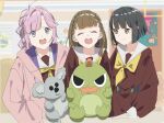  3girls :d ^_^ ahoge anyoji_hime black_bow black_hair blue_eyes blunt_bangs blunt_ends blurry blurry_background bob_cut bow braid brown_dress brown_eyes brown_hair center-flap_bangs closed_eyes dress flower flower_knot gonzales_(love_live!) hair_bow hair_flower hair_intakes hair_ornament hasu_no_shousankaku hasu_no_sora_school_uniform highres hood hooded_jacket in-universe_location indoors jacket kachimachi_kosuzu koala_maneo long_hair long_sleeves looking_at_another love_live! love_live!_hasu_no_sora_jogakuin_school_idol_club momose_ginko multi-tied_hair multiple_girls neckerchief open_clothes open_jacket open_mouth pink_hair pink_jacket ponytail round_teeth sailor_collar sailor_dress school_uniform short_hair side_braids sidelocks smile straight_hair stuffed_dinosaur stuffed_koala swept_bangs teeth upper_teeth_only v-shaped_eyes virtual_youtuber white_sailor_collar winter_uniform yellow_neckerchief zen66574227 