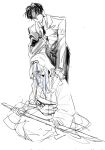  1boy 1girl black_hair bowing closed_eyes closed_mouth frown furrowed_brow hand_on_another's_shoulder hand_on_own_chest highres japanese_clothes jingshenhuanghu long_hair long_sleeves looking_at_viewer necktie ootachi project_moon red_eyes rien_(project_moon) seiza shiomi_yoru_(project_moon) short_hair simple_background sitting sketch standing suit white_background 