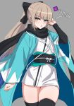  1boy black_bow black_scarf blonde_hair blue_hair blush bow cosplay fate/grand_order fate_(series) gradient_hair green_eyes hair_bow haori highres japanese_clothes kimono long_hair long_sleeves looking_at_viewer multicolored_hair noah_(fate) obi okita_souji_(fate) okita_souji_(koha-ace) okita_souji_(koha-ace)_(cosplay) open_mouth sash scarf shinsengumi_(fate) short_kimono solo thighs translation_request two-tone_hair very_long_hair white_kimono wide_sleeves zanegoodell 
