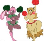  2016 4_toes amber_eyes anthro areola barefoot black_nose blonde_hair blue_eyes bottomwear bouncing_breasts breasts brown_body brown_fur cheering cheerleader clothed clothing duo feet female fur generation_1_pokemon generation_4_pokemon genitals hair hindpaw looking_at_another looking_up lopunny navel ninetales nintendo nipples no_underwear open_mouth open_smile paws pink_areola pink_hair pink_nipples pink_nose pokemon pokemon_(species) pokemorph pom_poms pussy raised_bottomwear raised_clothing raised_skirt shiny_pokemon shirt shirt_up skidd skirt smile survival_of_the_fittest tan_body tan_fur teeth tiffany_harkick toes tongue topwear video_games vivian_ambridge 
