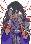  1girl bell black_hair blue_bow bound bow closed_mouth frown gloves hair_between_eyes hand_on_own_face highres japanese_clothes kimono kongtiao1111111 limbus_company long_hair long_sleeves looking_at_viewer project_moon red_eyes shiomi_yoru_(project_moon) shiromuku simple_background solo thread tied_up_(nonsexual) uchikake white_gloves wrinkled_skin 