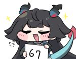  1girl 67_(meme) :d arknights arknights:_endfield beleullin black_hair blue_tail blush chen_qianyu_(arknights) chibi closed_eyes commentary_request dragon_girl dragon_horns dragon_tail highres holding holding_sign horns korean_commentary long_hair meme open_mouth puff_of_air sign simple_background smile solo sparkle tail white_background 