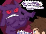  anthro begging breasts butt dialogue discodemon duo english_text female generation_1_pokemon gengar genitals genny_(discodemon) human male male/female mammal nintendo piercing pokemon pokemon_(species) presenting presenting_hindquarters profanity purple_body pussy red_eyes text video_games 