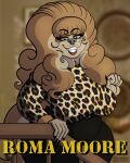 4:5 5_fingers animal_print anthro black_nose brown_body brown_fur brown_hair canid canine canis clothed clothed_anthro clothed_female clothing cosplay female fingers fur grin hair hi_res humanoid_hands leopard_print mammal married_with_children mature_anthro mature_female peggy_bundy roma_moore_(mainlinemojo) sketchybug smile solo teeth wolf