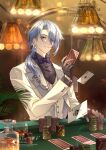  1boy ace_(playing_card) ace_of_diamonds ace_of_spades alternate_costume black_gloves blue_hair blurry bow bowtie card casino casino_card_table chain collared_shirt commentary contrast_lapels cup curtained_hair depth_of_field diamond_(shape) dice dice_earrings drink drinking_glass earrings floating_card genshin_impact glint gloves grey_shirt grey_vest hair_between_eyes hair_over_shoulder half_gloves hand_up hanging_light highres holding holding_card hydro_symbol_(genshin_impact) indoors jacket jewelry kamisato_ayato lapels leaf long_hair long_sleeves looking_at_viewer male_focus mole mole_under_mouth parted_bangs parted_lips playing_card poker_chip purple_bow purple_bowtie purple_eyes rocks_glass shirt smile solo spade_(shape) striped_bow striped_bowtie striped_clothes striped_vest table vertical-striped_clothes vertical-striped_vest vest white_jacket xuelizi2 