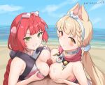  1boy 2girls alice_thymefield alice_thymefield_(sea_of_thyme) animal_ears artist_name beach blonde_hair blue_sky blush braid braided_twintails breast_press breasts breasts_squeezed_together camera camera_around_neck censored cloud commentary_request cooperative_paizuri day eyewear_on_head facial_mark ffm_threesome green_eyes group_sex hair_ornament heart heart-shaped_eyewear heart_facial_mark heterochromia long_hair looking_at_viewer mosaic_censoring multiple_girls nerunoe nipples ocean official_alternate_costume one-piece_swimsuit outdoors paizuri penis pink_one-piece_swimsuit rabbit_ears rabbit_girl red_eyes red_hair sand sky smile sphere_hair_ornament swimsuit teamwork_(sexual) threesome twintails two-tone_one-piece_swimsuit ukinami_yuzuha ukinami_yuzuha_(tanuki_in_broad_daylight) water yellow_eyes zenless_zone_zero 