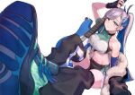  1girl alternate_costume aqua_eyes aqua_nails asterisk_(pmpalg_v) black_gloves black_shorts blue_hair braid breasts collarbone crown_braid electric_guitar fingerless_gloves fur-trimmed_jacket fur_trim gloves grey_hair guitar halterneck hololive hololive_indonesia instrument invisible_floor jacket large_breasts long_hair looking_at_viewer multicolored_hair nail_polish navel off_shoulder pavolia_reine ponytail shoe_soles shoes shorts simple_background sitting sneakers solo stomach two-tone_hair virtual_youtuber white_background 