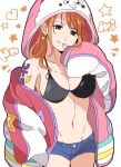  1girl bare_shoulders bikini bikini_top_only breasts character_name chiya_op cleavage collarbone cosplay cowboy_shot earrings finger_to_mouth heart highres hood hooded_jacket jacket jewelry large_breasts long_hair long_sleeves looking_at_viewer midriff nami_(one_piece) navel one_piece one_piece_film:_red orange_eyes orange_hair short_shorts shorts shoulder_tattoo smile star_(symbol) swimsuit tattoo uta_(one_piece) uta_(one_piece)_(cosplay) white_background zeus_(one_piece) 