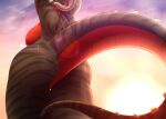 2023 absurd_res anthro back_scar black_body black_scales black_stripes breasts butt butt_focus detailed_background dragon featureless_breasts featureless_crotch female hi_res horn lens_flare low-angle_view mythological_creature mythological_scalie mythology outside raised_arms red_body red_scales scales scalie scar side_boob sky solo spiked_tail spikes spikes_(anatomy) stripes sun tail tempest_(yoko_darkpaw) thick_thighs thigh_gap wide_hips yoko_darkpaw
