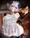  1girl :t \||/ absurdres animal_ears antenna_hair arm_at_side artist_self-insert bag baguette bakery bare_shoulders bell black_gloves black_horns black_nails black_pants black_ribbon black_shirt black_tail black_thighhighs black_wings blunt_bangs blush bread breasts brown_bag chromatic_aberration cleavage cleavage_cutout closed_mouth clothing_cutout commentary contrapposto covered_navel cowboy_shot croissant crop_top cropped_shirt curvy demon_girl demon_horns demon_tail demon_wings dress eating elbow_gloves english_commentary eyes_visible_through_hair female_pubic_hair fingerless_gloves flipped_hair flipped_sidelocks food gloves half-closed_eyes head_tilt helltaker highres hip_dips holding holding_bag holding_food horns job_application_form_(meme) looking_at_viewer medium_breasts meme mole mole_on_breast nail_polish navel neck_bell original osu_(osulan) osulan outdoors panties pants paper_bag photo_background pubic_hair red_eyes ribbon see-through_clothes see-through_dress see-through_silhouette sheep_ears sheep_girl sheep_horns shirt shop short_dress short_hair side-tie_panties sidelocks sleeveless sleeveless_dress sleeveless_shirt sleeveless_turtleneck smile solo sparkle standing stomach tail thick_thighs thighhighs thighs turtleneck turtleneck_dress turtleneck_shirt underwear vignetting white_dress white_hair wings 