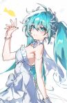  1girl ahoge aqua_eyes aqua_hair aqua_nails arm_at_side bare_shoulders blush bow bracelet breasts commentary coral_hair_ornament dress dress_bow flower from_side hair_between_eyes hair_ornament hand_up hatsune_miku highres jewelry long_hair looking_at_viewer making-of_available medium_breasts multiple_rings nail_polish onigiri_0000 parted_lips project_sekai ring sidelocks simple_background smile solo strapless strapless_dress turning_head twintails untranslatable_commentary upper_body very_long_hair vocaloid white_background white_bow white_dress white_flower 